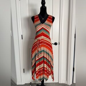 Ralph Lauren Red, Cream and Teal Striped V-Neck Handkerchief Hem Dress